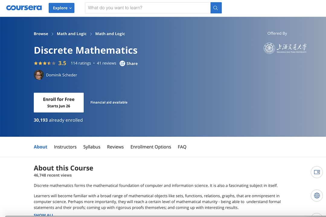 coursera webpage for the discrete math course