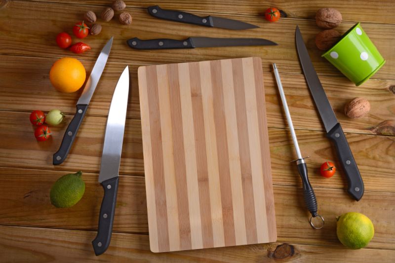 chef knives and cutting board