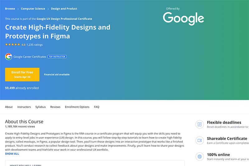 Create High-Fidelity Designs and Prototypes in Figma course dashboard