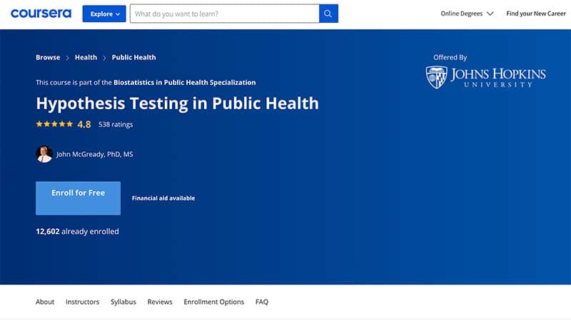 Hypothesis Testing in Public Health enrolment page
