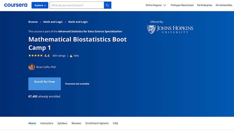 homepage of john hopkins mathematical biostatistics bootcamp course