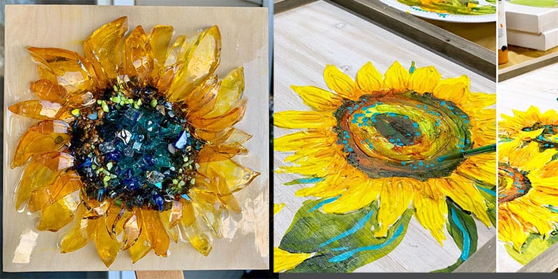 studying resin to make a sunflower with glass and epoxy