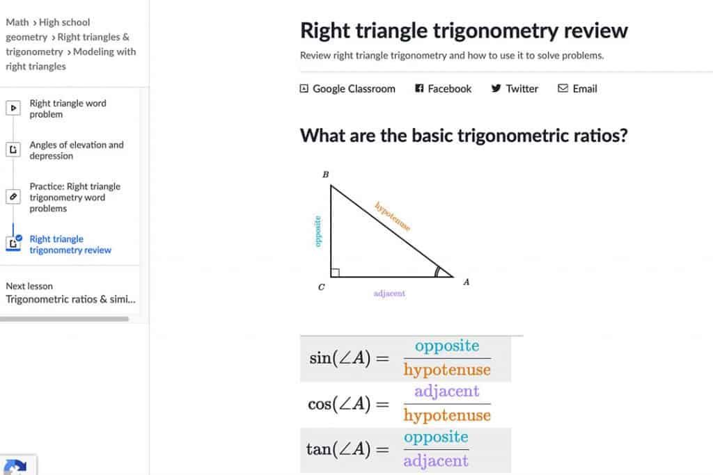 right triangle trigonometry problem on khan academy's course page